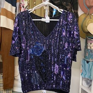 Vintage 80’s silk Sequin V-Neck Blouse - Blue and Purple